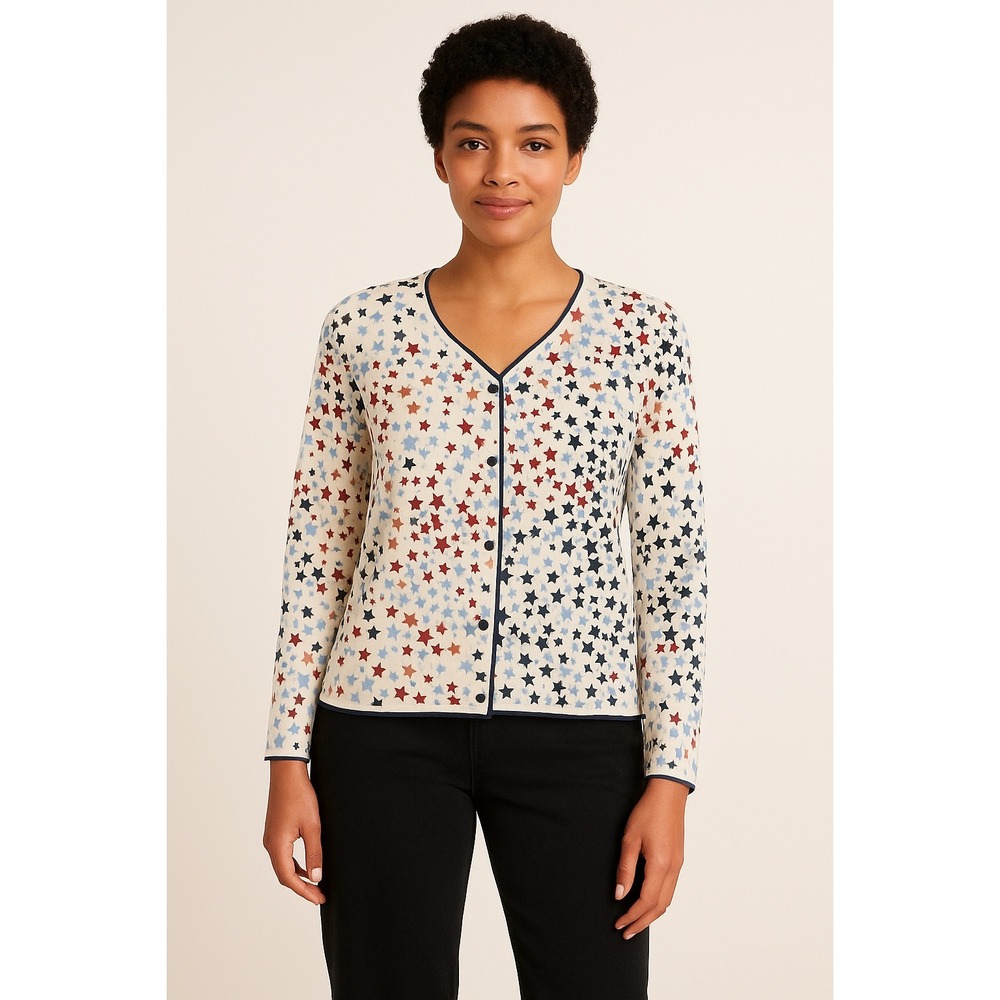 Women's Christopher & Banks Cream Multi Star Print Button Cardigan Sweater M‎